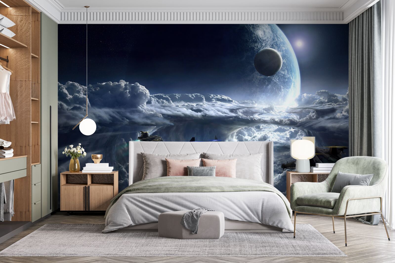Fototapet nori densi pe fundalul unei planete mari