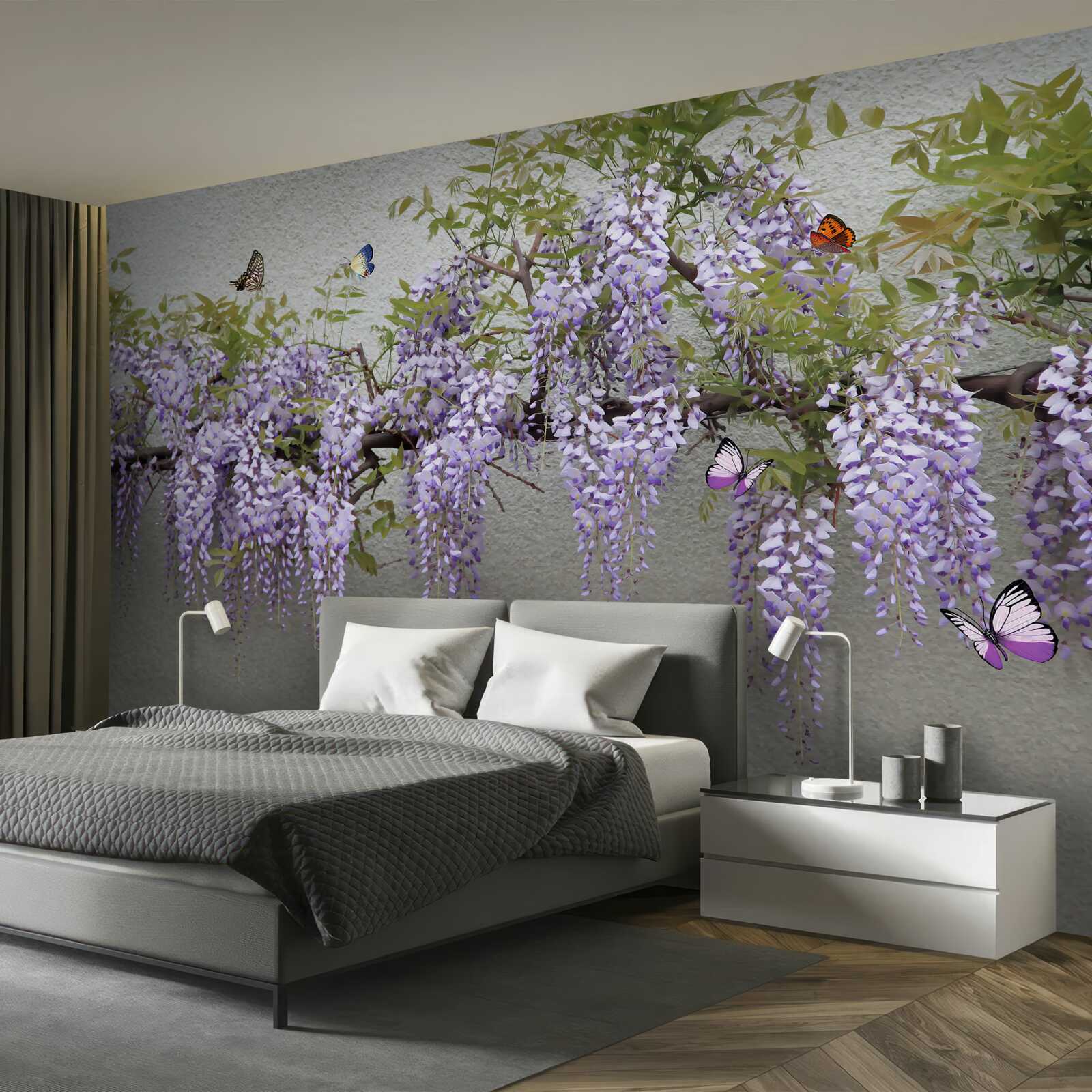 Fototapet o ramură cu flori de liliac și fluturi fluturând