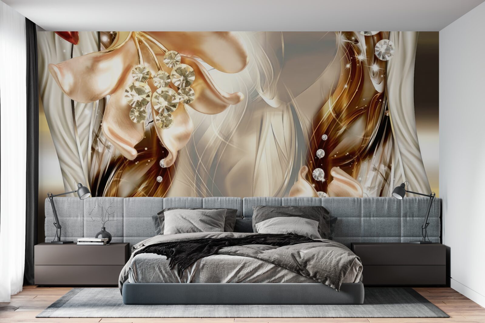 Fototapet flori aurii cu decorațiuni din piatră
