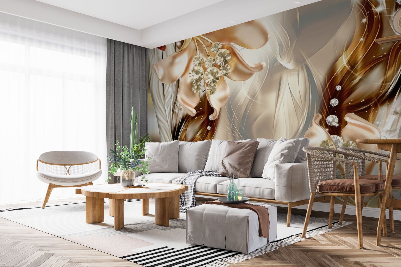 Fototapet flori aurii cu decorațiuni din piatră