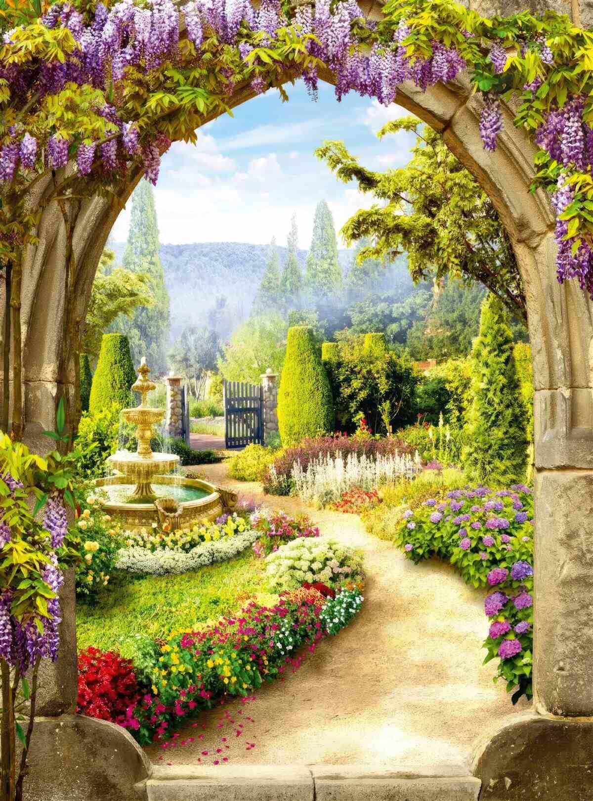 Fototapet o grădină înflorită magnifică cu o fântână