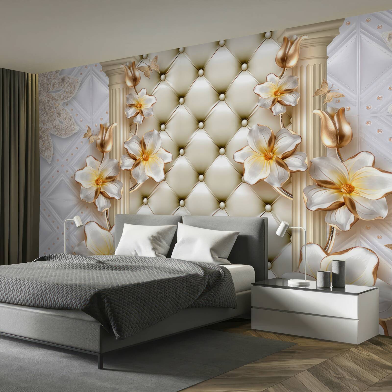 Fototapet perete decorat cu elemente matlasate în culori florale