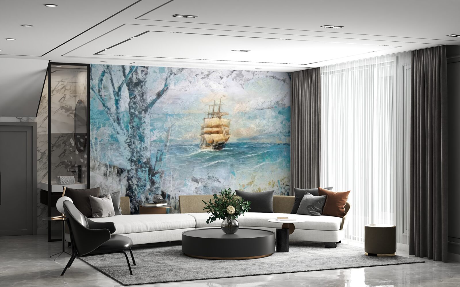 Fototapet imagine a unei nave care navighează pe ocean
