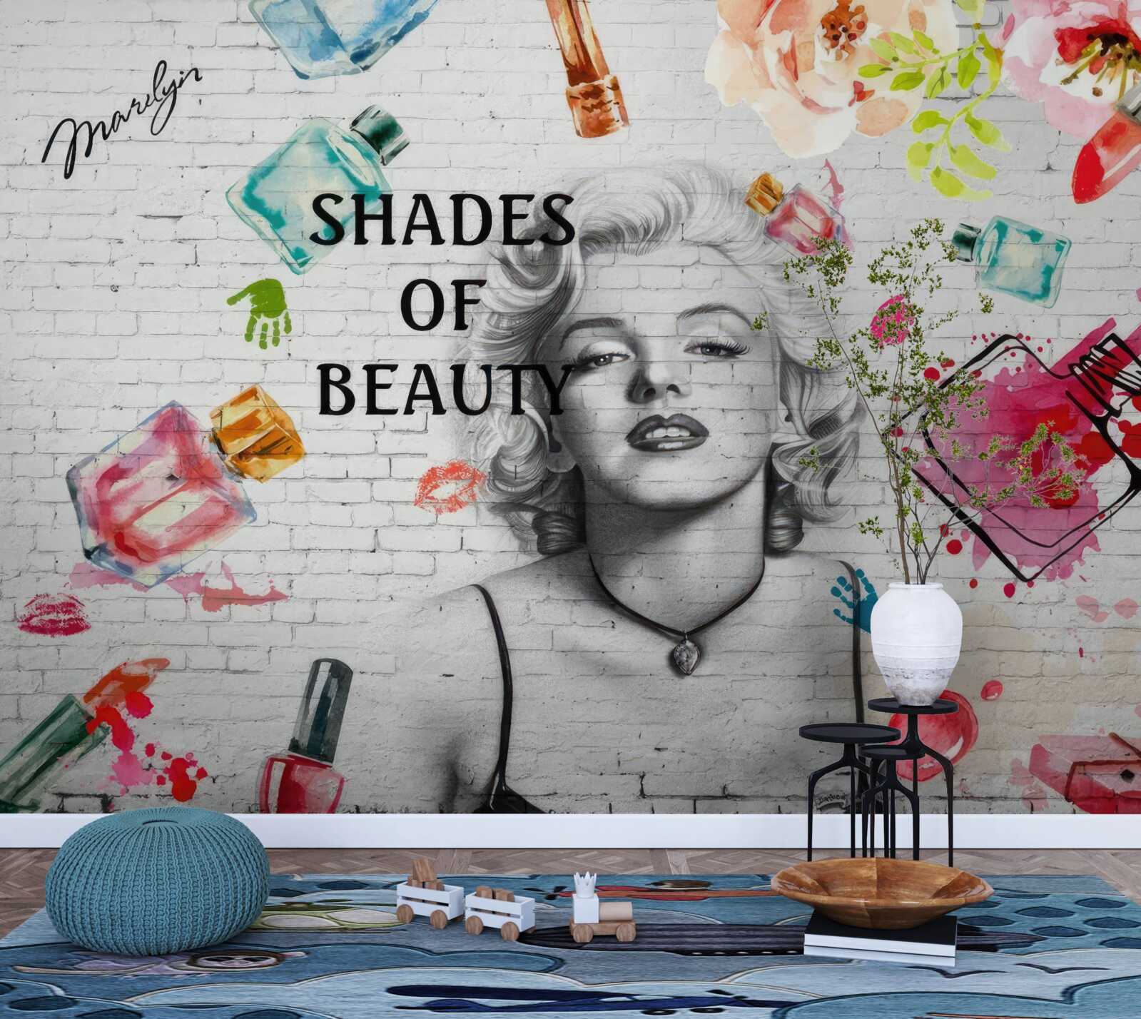 Fototapet monroe pe un perete de cărămidă albă