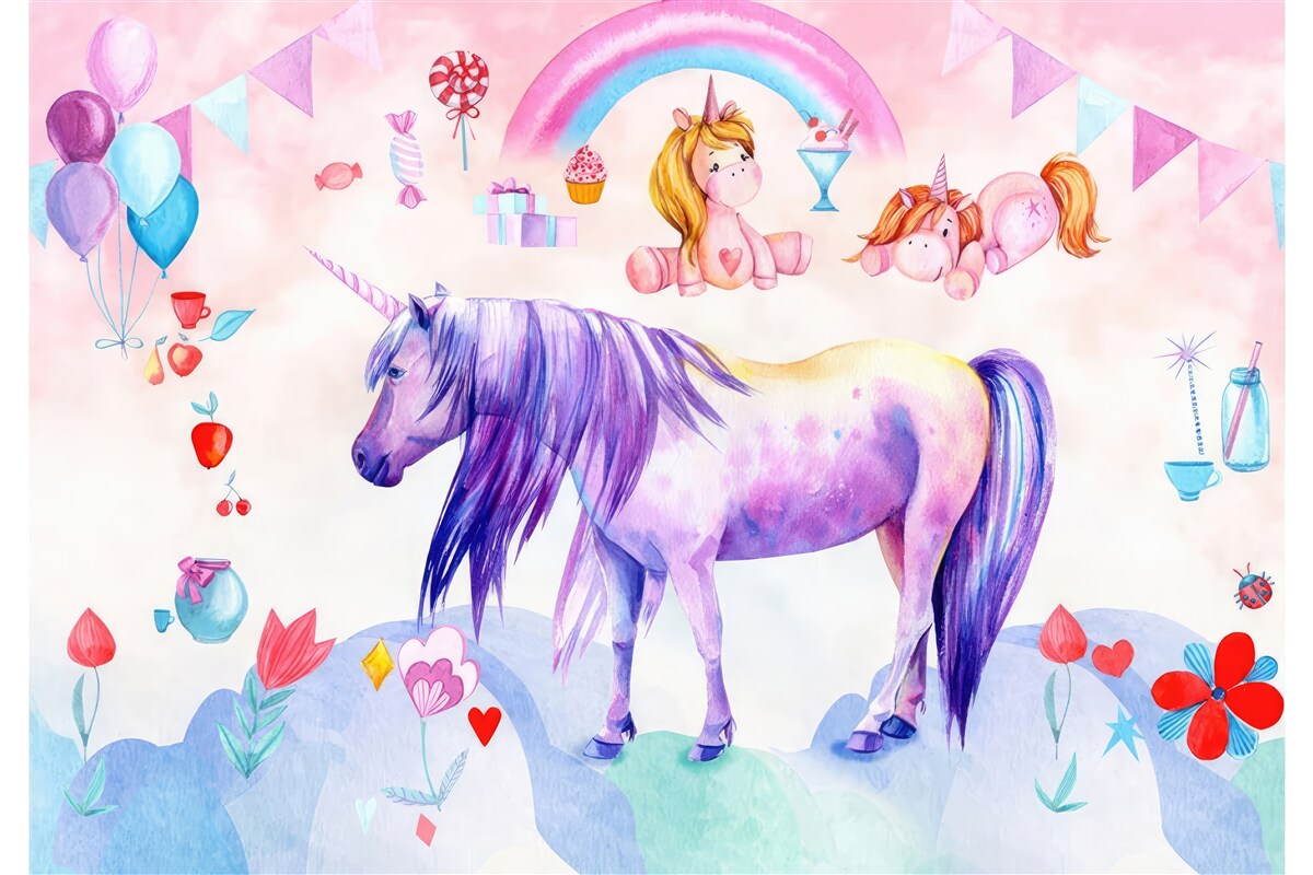 Fototapet unicorni înconjurați de curcubee, flori și cadouri