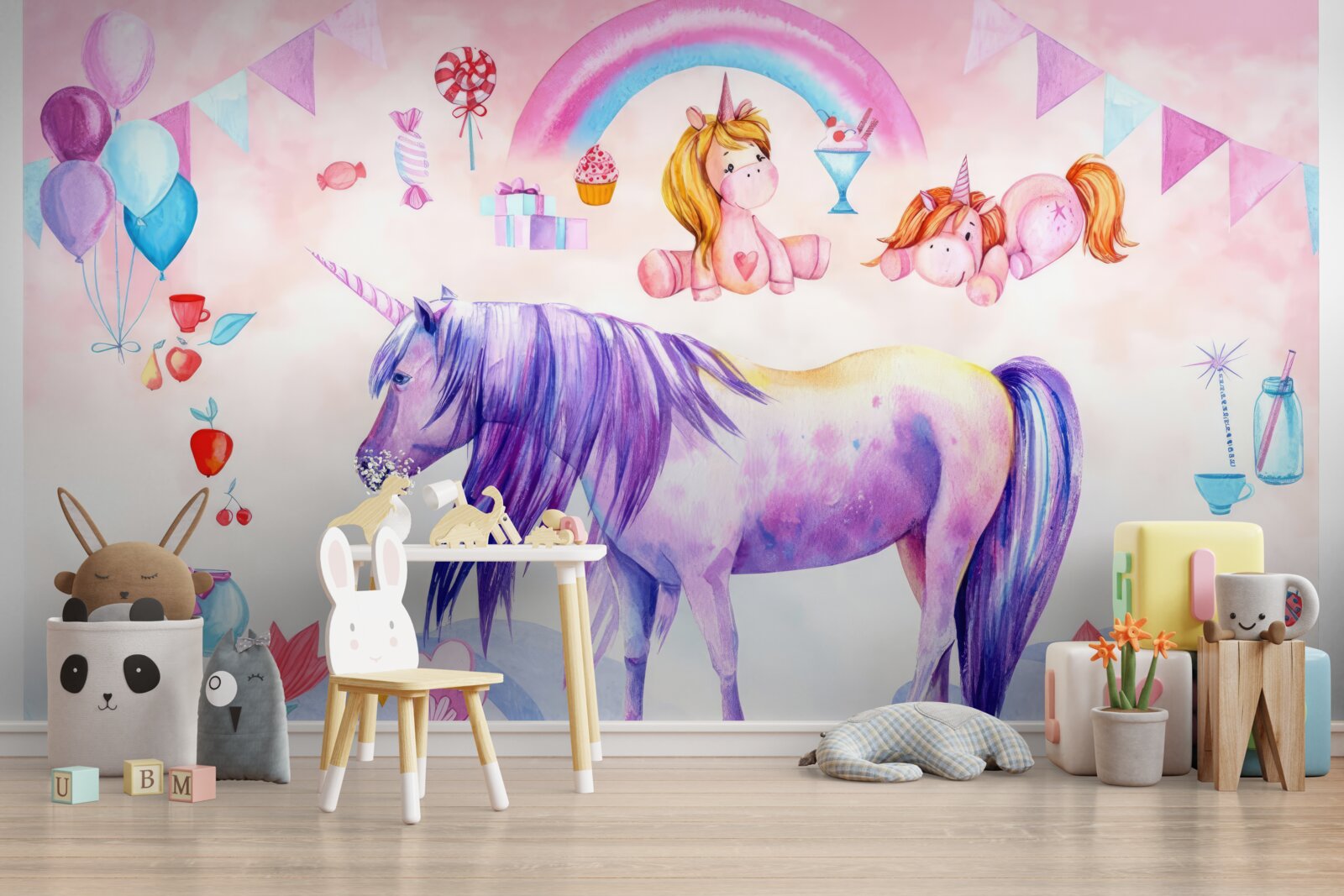Fototapet unicorni înconjurați de curcubee, flori și cadouri