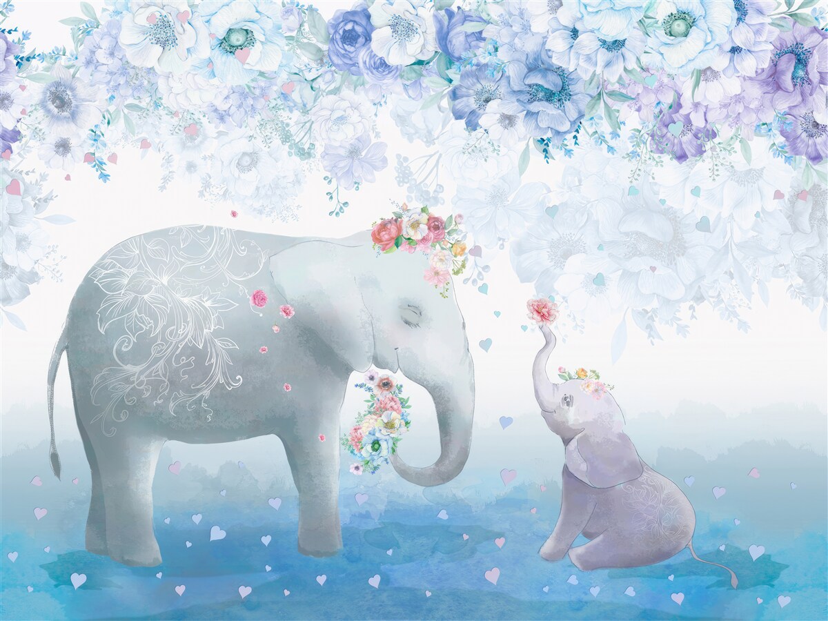 Fototapet elefant cu copil printre flori