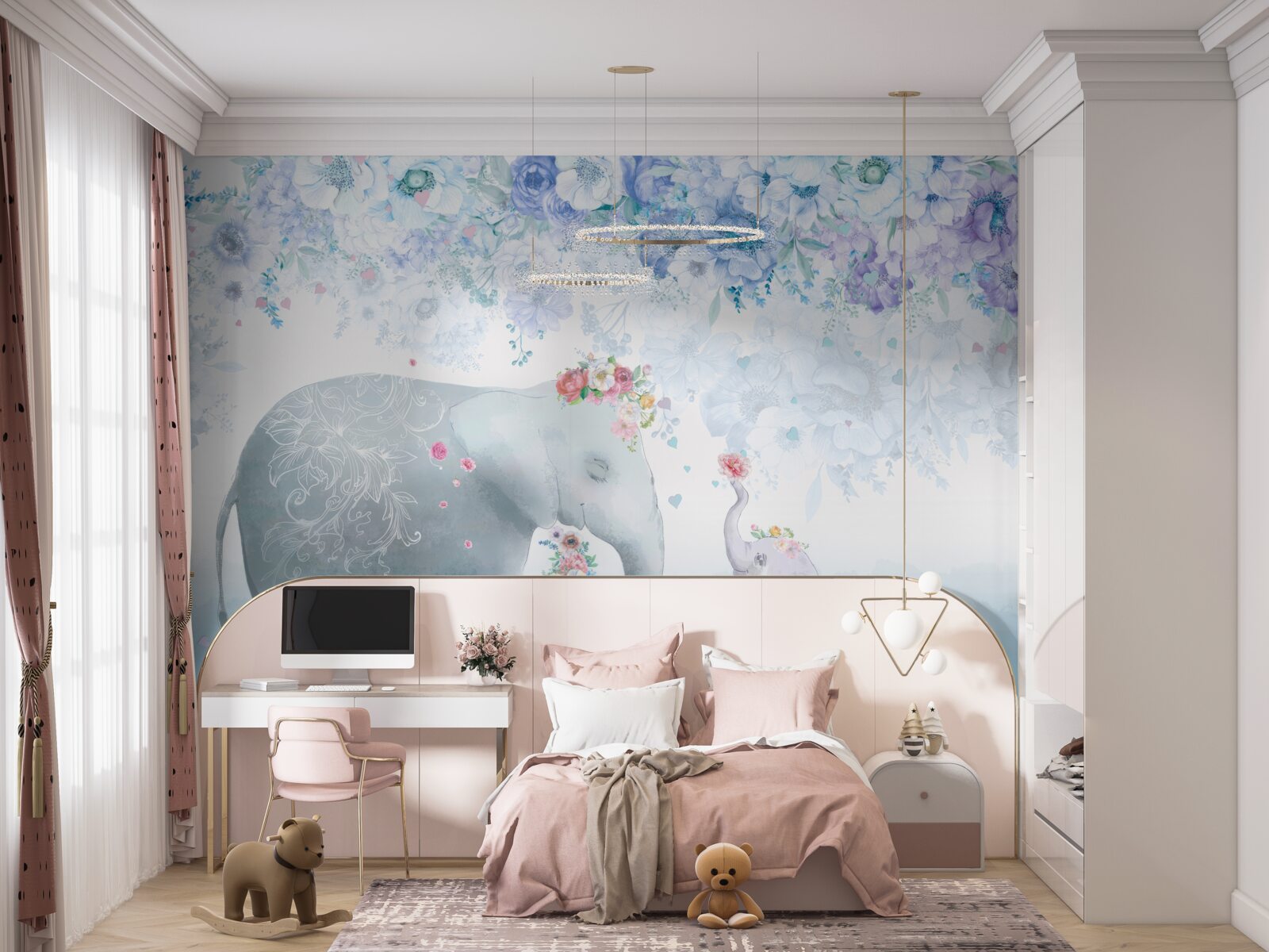 Fototapet elefant cu copil printre flori
