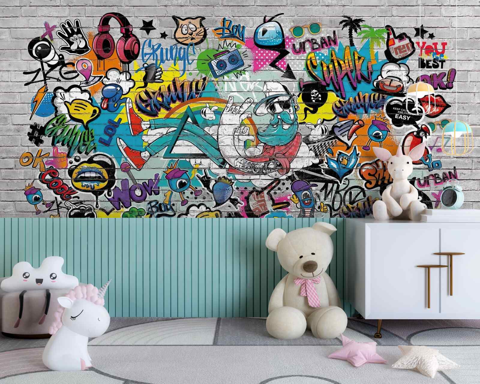Fototapet Zid de cărămidă decorat cu graffiti luminoase