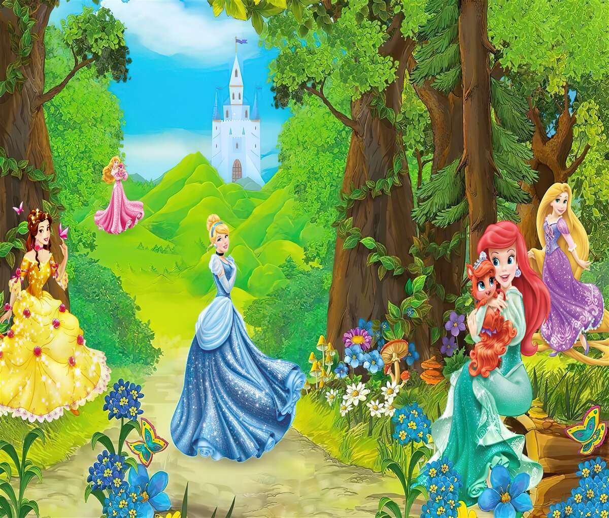 Fototapet prințesele din desenele animate disney fac o plimbare în pădure