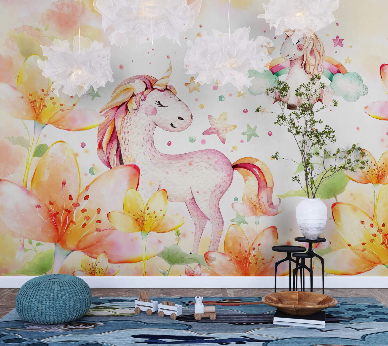 Fototapet flori în jurul unicornilor cu ochii închiși