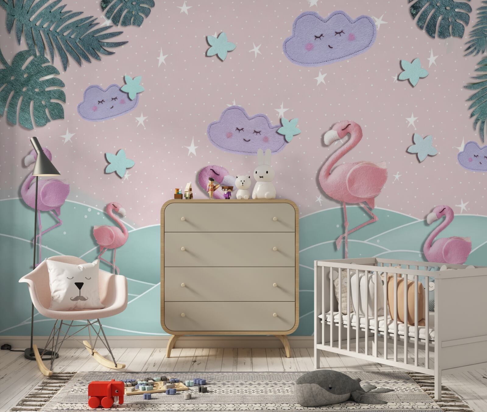 Fototapet flamingo roz în echilibru pe un picior