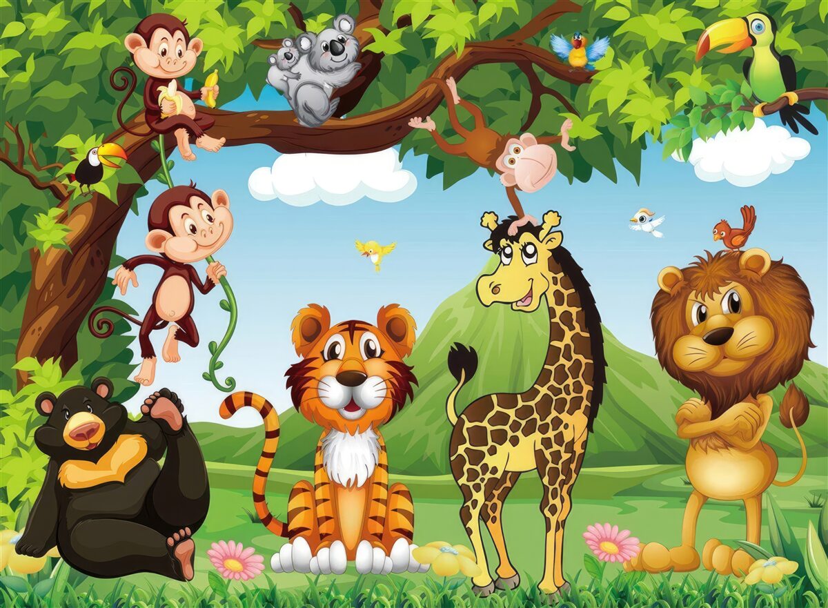 Fototapet diverse animale adunate într-o poiană de pădure