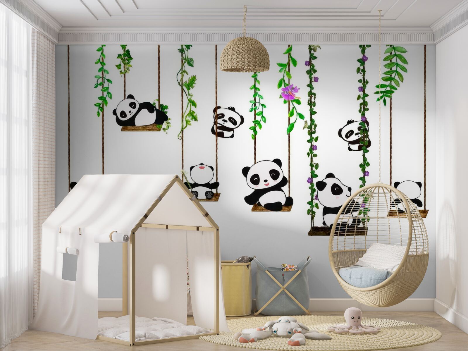 Fototapet leagăn verde leagăne pandas fericit