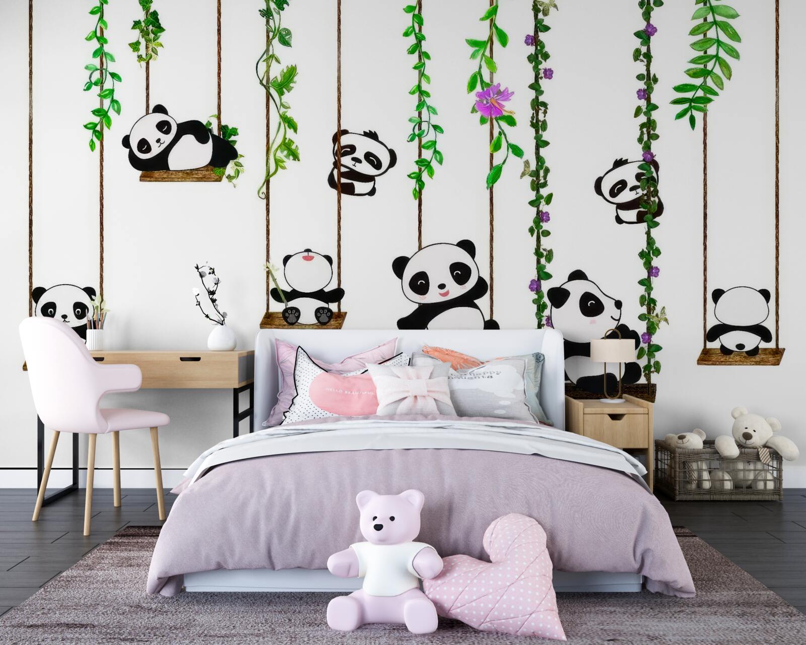 Fototapet leagăn verde leagăne pandas fericit