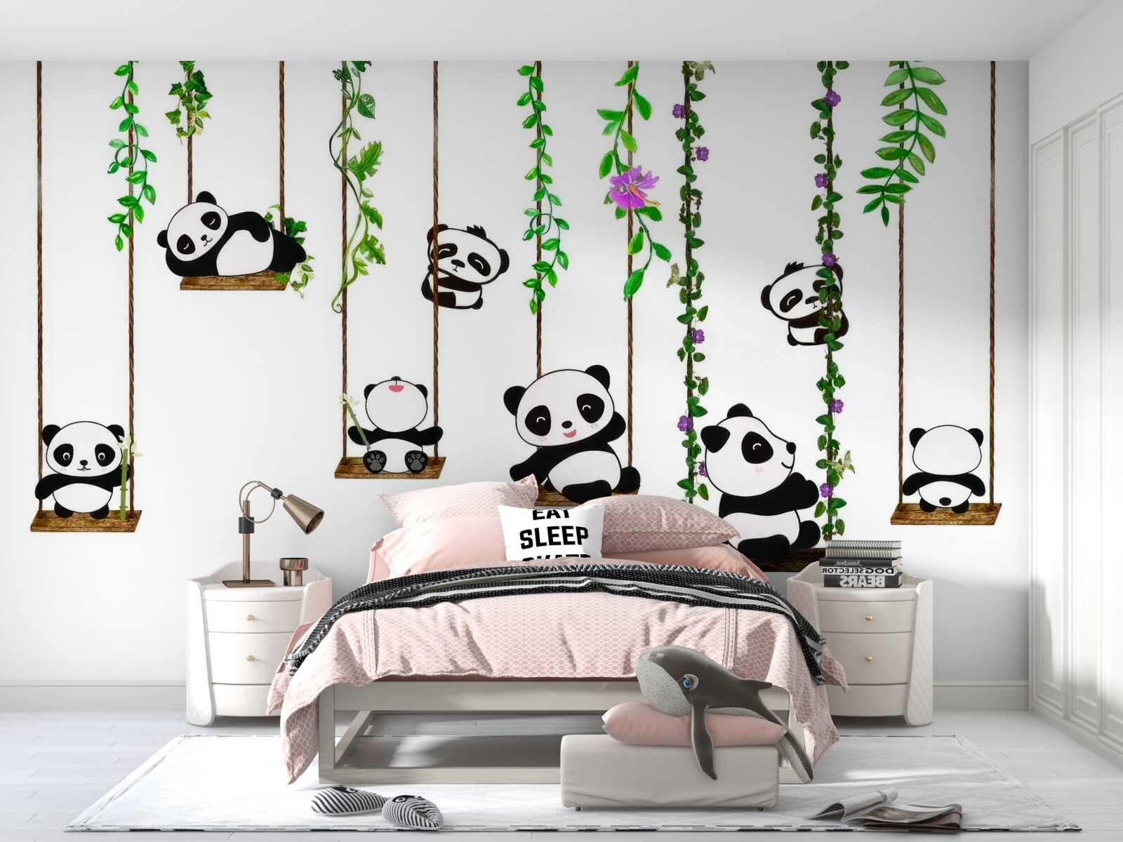 Fototapet leagăn verde leagăne pandas fericit
