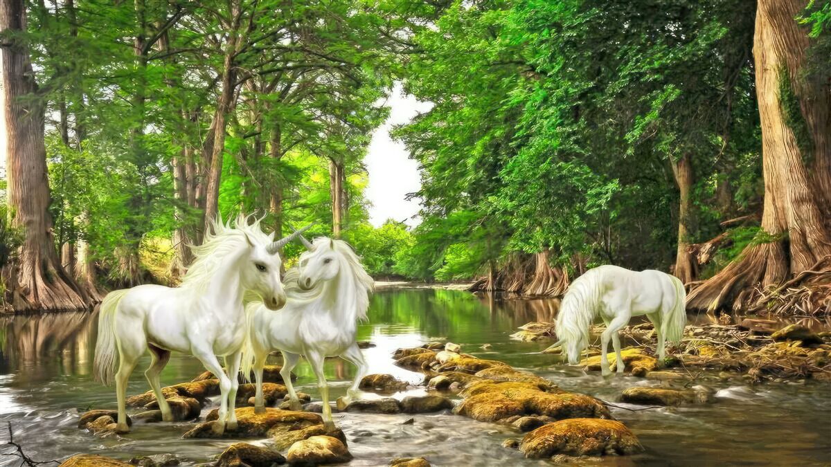 Fototapet în pădurea de lângă apă sunt trei pegasi ușori