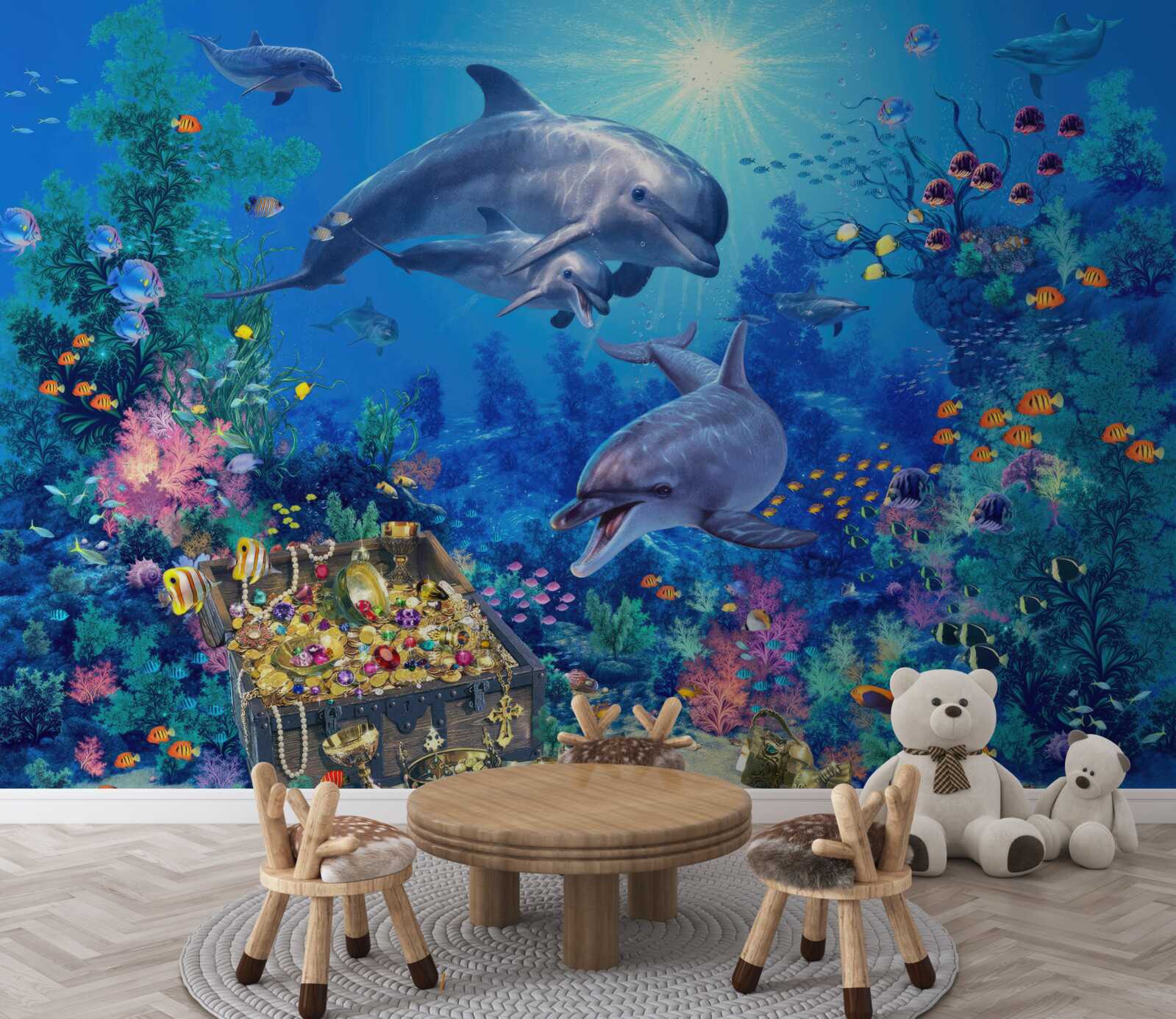 Fototapet grup de delfini într-un mediu subacvatic