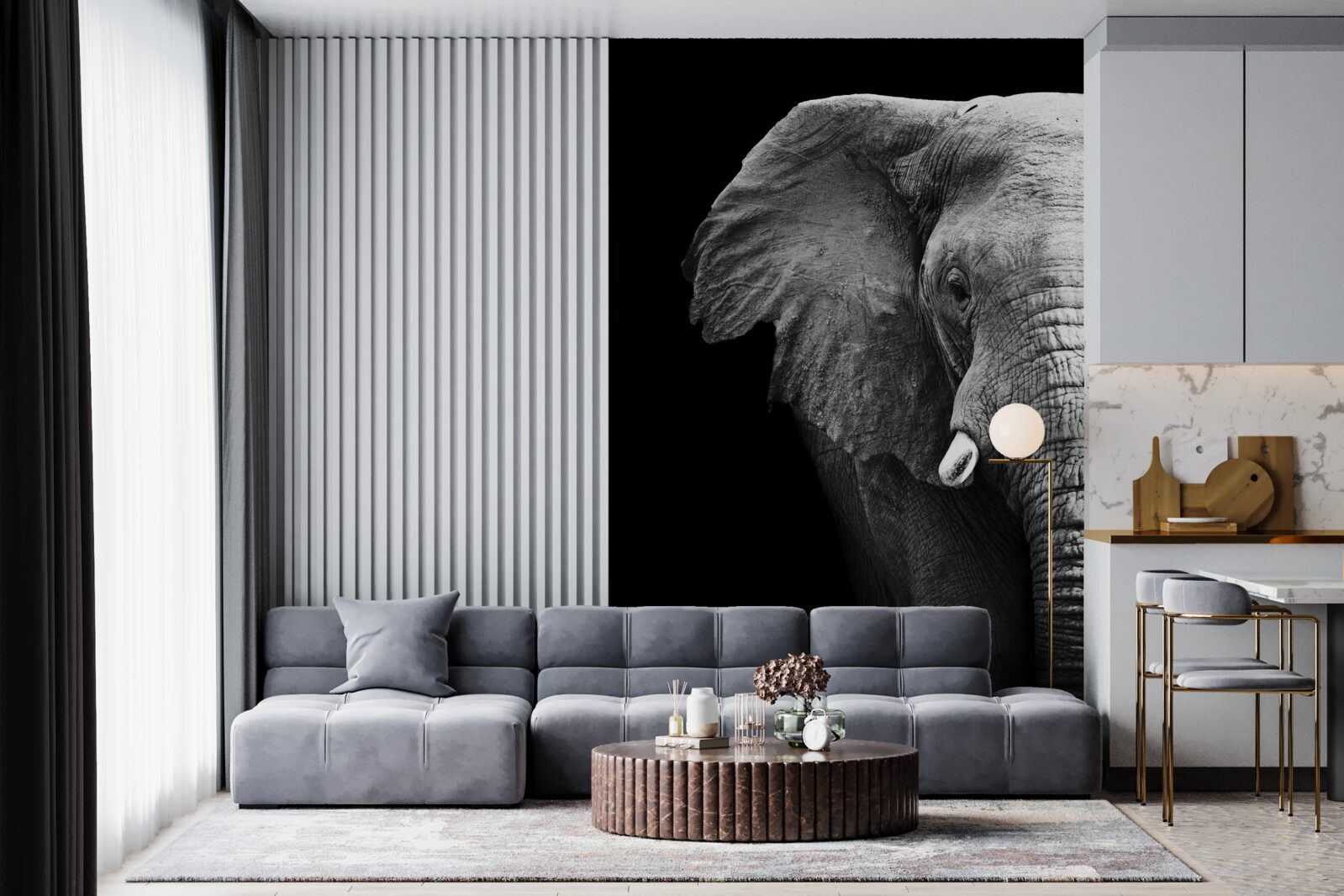 Fototapet close-up al unui elefant pe un fundal negru