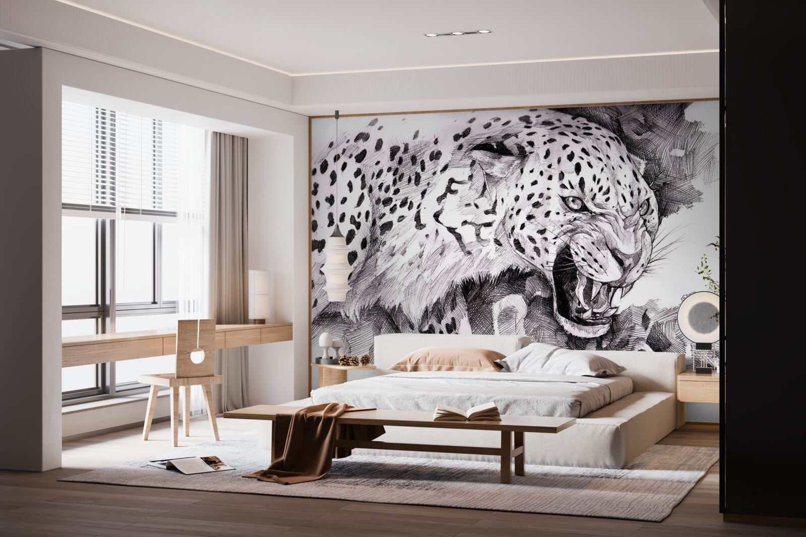 Fototapet leopard agresiv în alb și negru