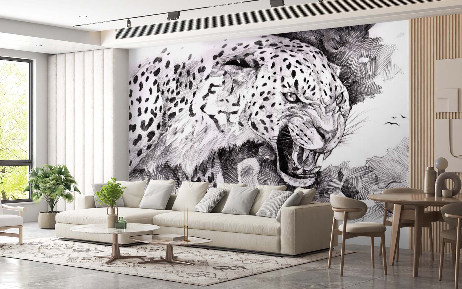 Fototapet leopard agresiv în alb și negru