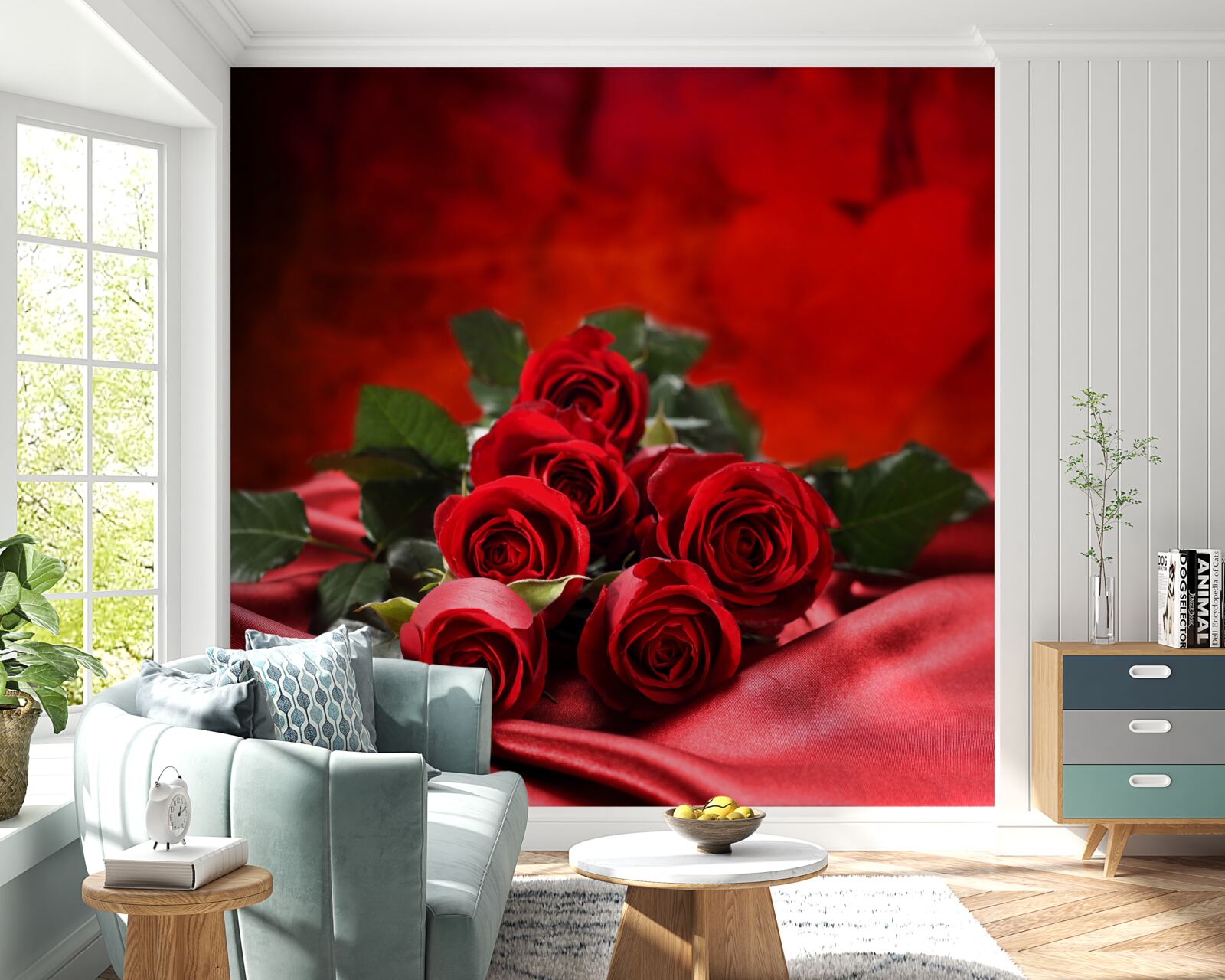 Fototapet trandafiri scarlet pe satin burgundy