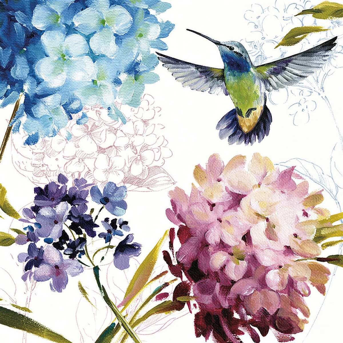 Fototapet pasăre colibri descrisă printre flori