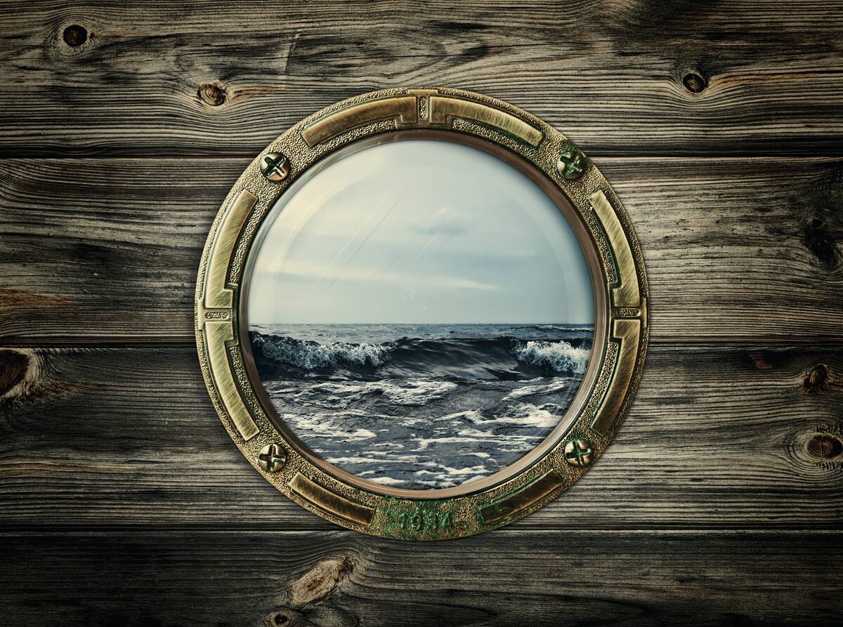 Fototapet fereastra cabinei cu vedere la ocean