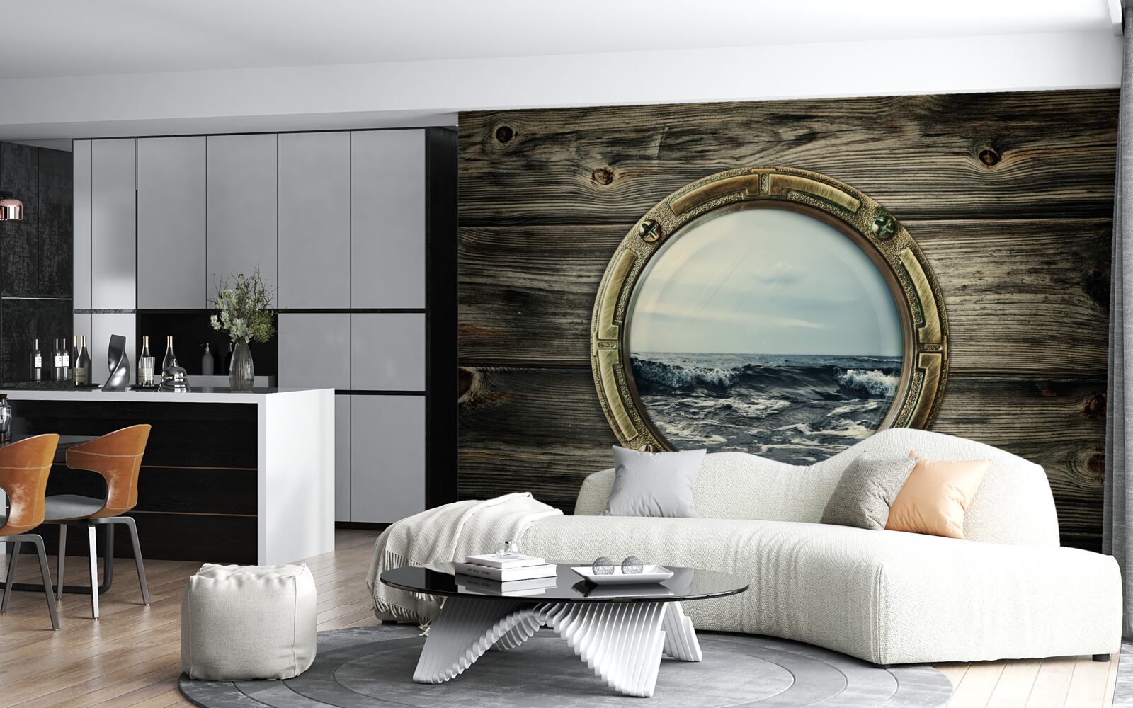 Fototapet fereastra cabinei cu vedere la ocean