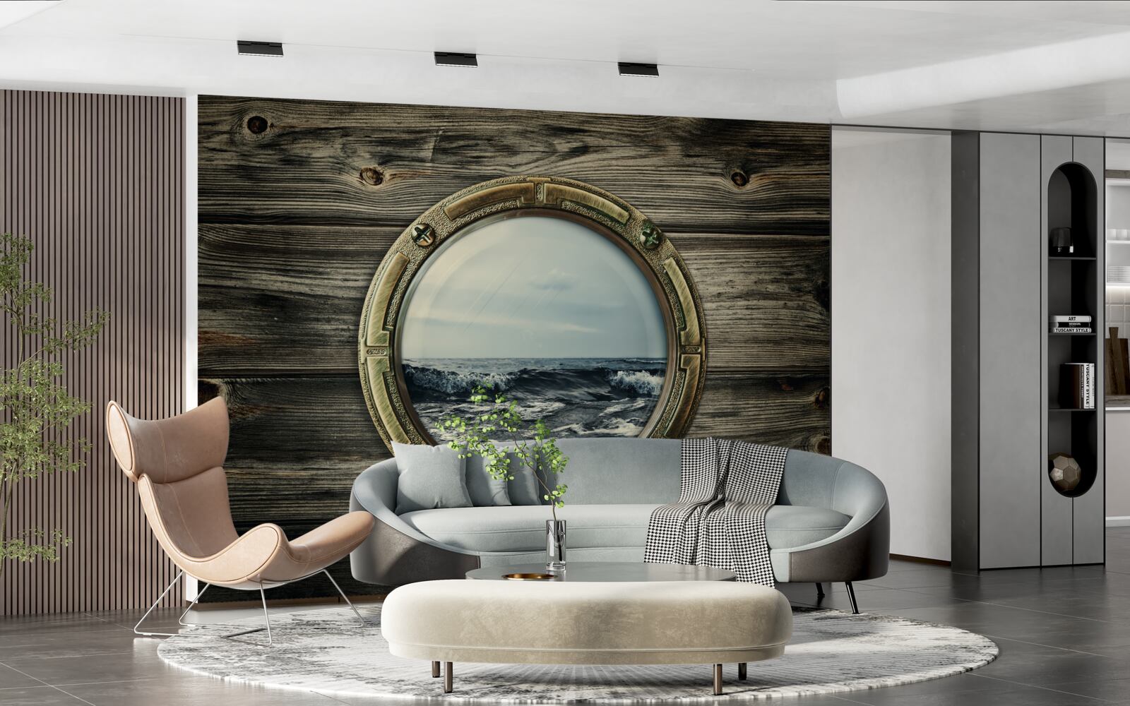 Fototapet fereastra cabinei cu vedere la ocean