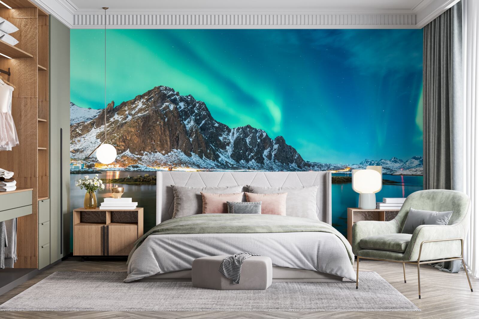 Fototapet aurora boreală deasupra vârfului