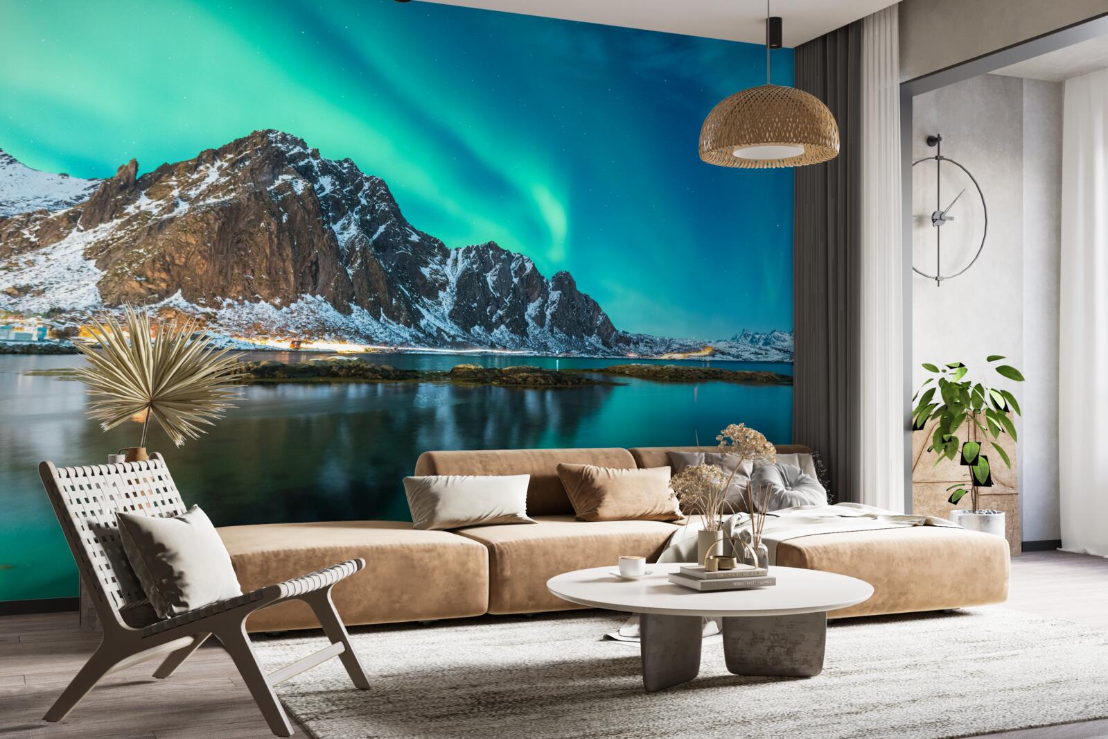 Fototapet aurora boreală deasupra vârfului