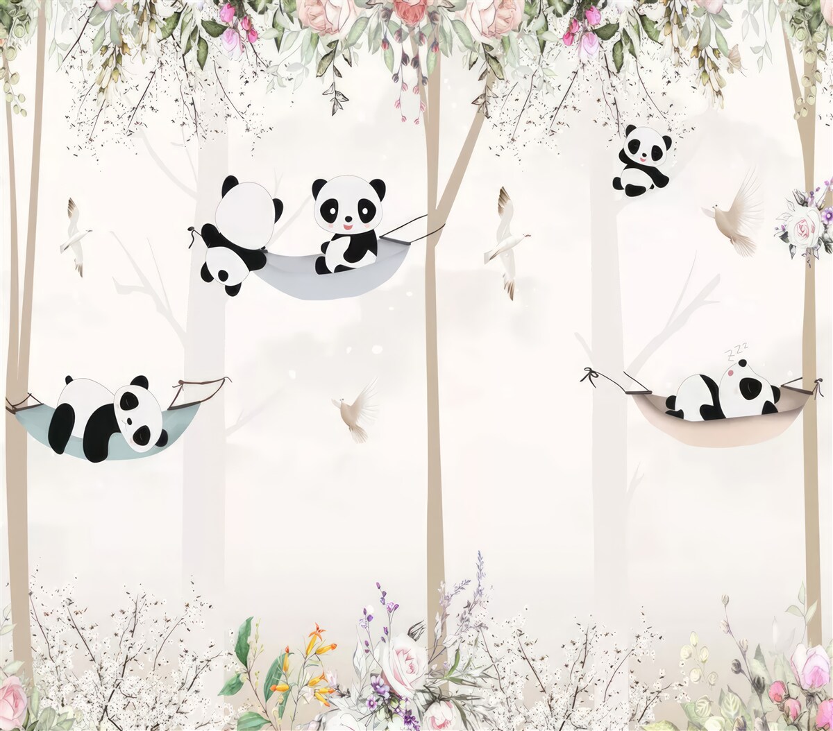 Fototapet pandas drăguți pe paturi suspendate