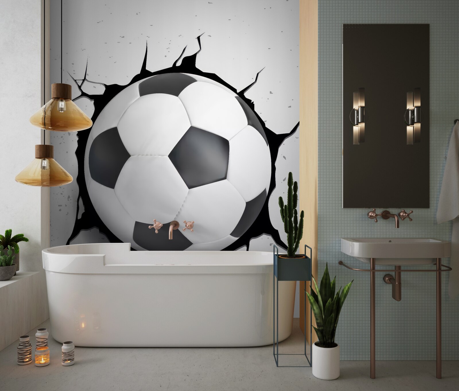Fototapet o minge de fotbal iese din perete