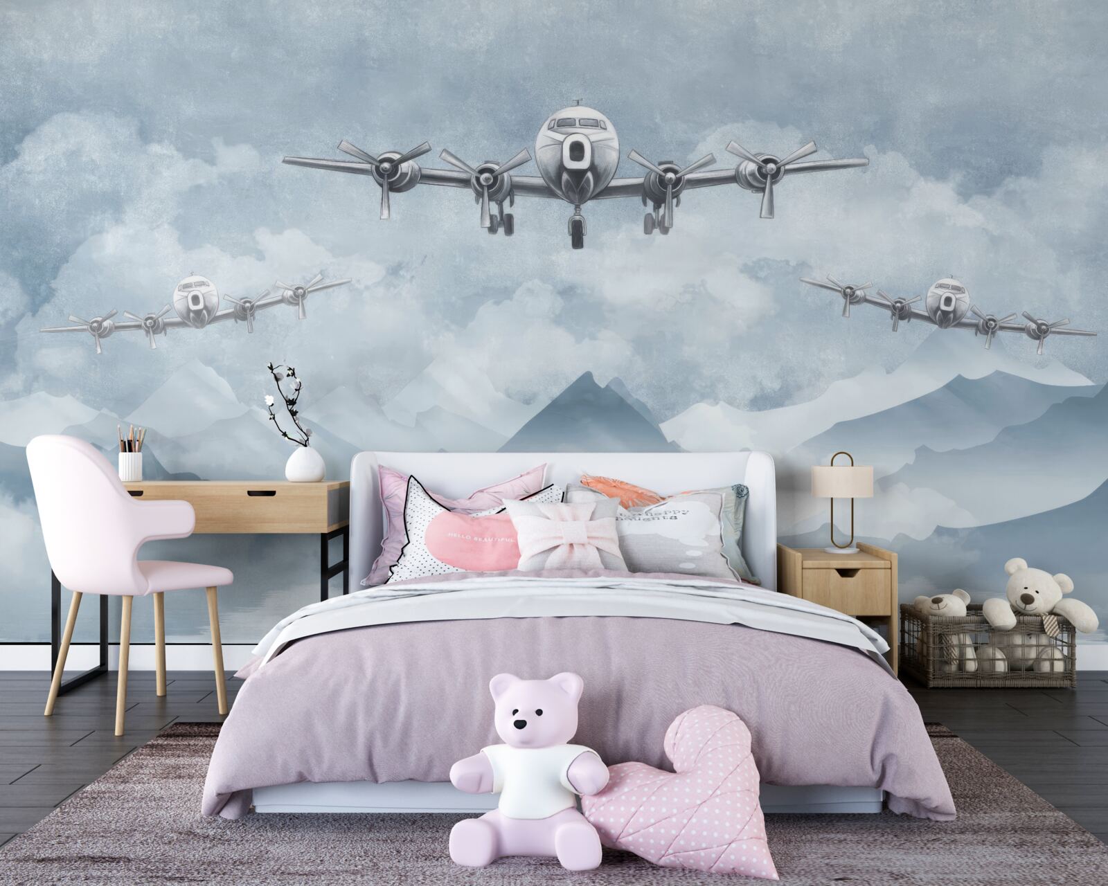 Fototapet trei avioane survolează munții