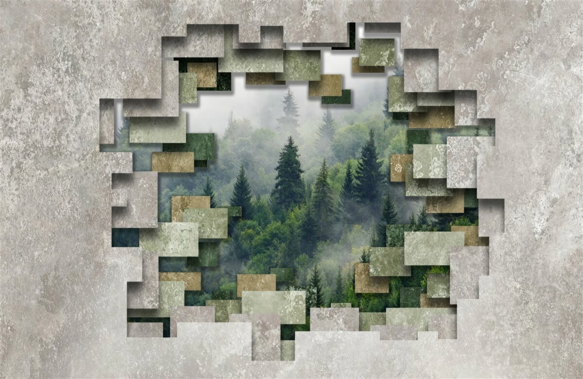 Fototapet Zid în ruine și conifere în pădure