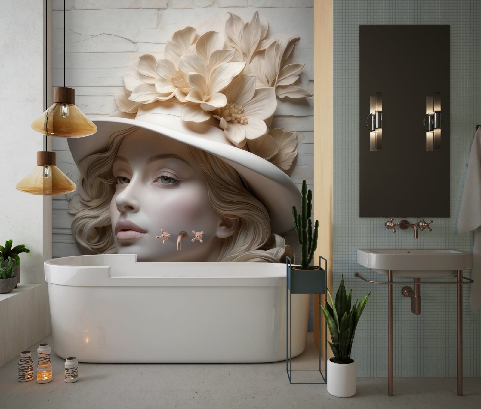 Fototapet doamnă atractivă cu o pălărie decorată cu flori