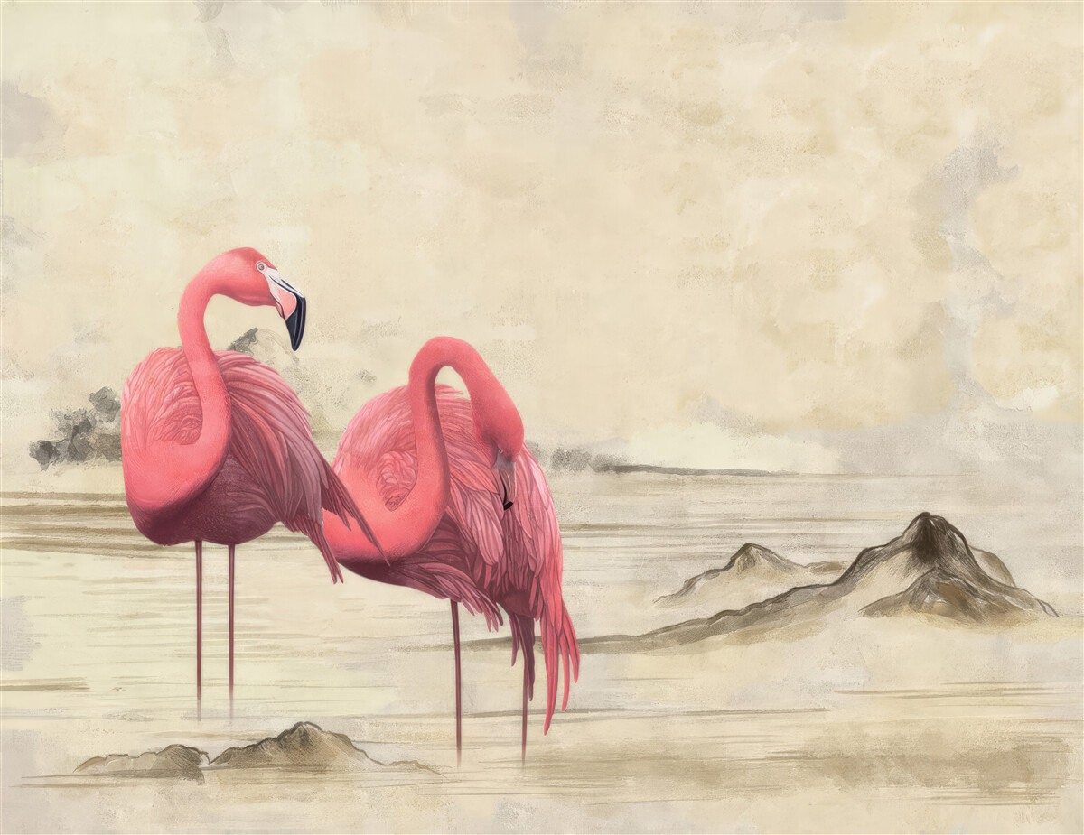 Fototapet o pereche de flamingo roz aprins