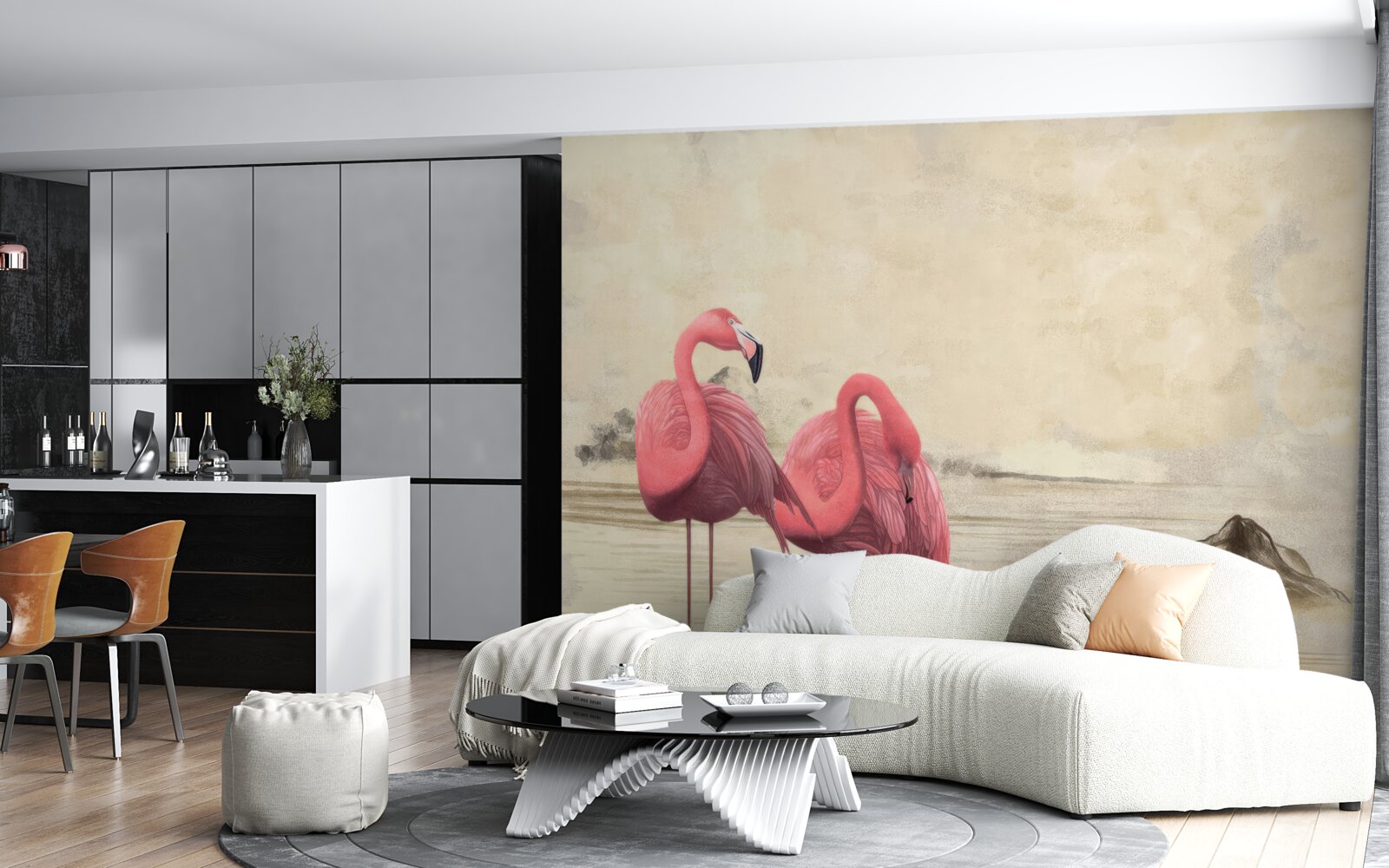 Fototapet o pereche de flamingo roz aprins