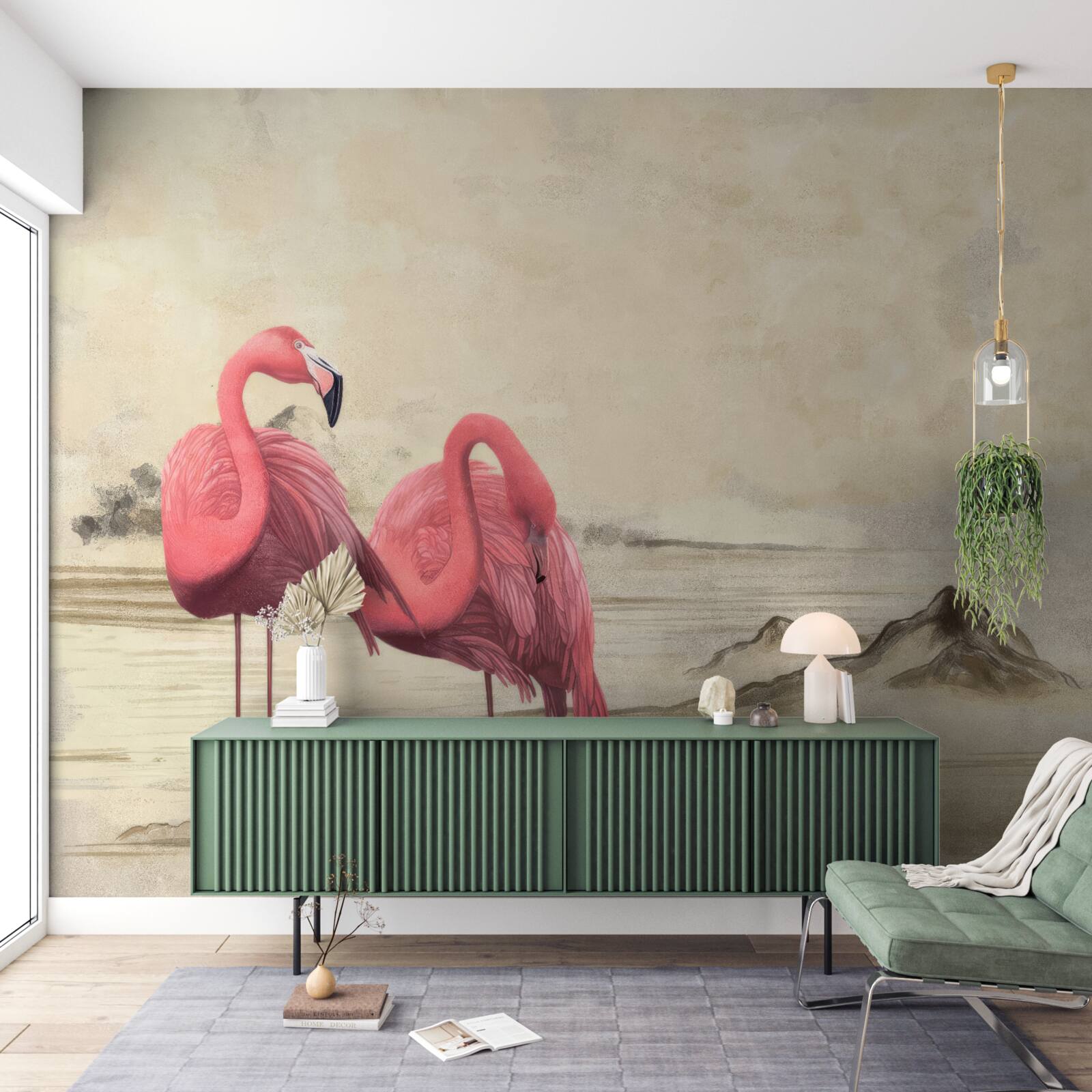 Fototapet o pereche de flamingo roz aprins