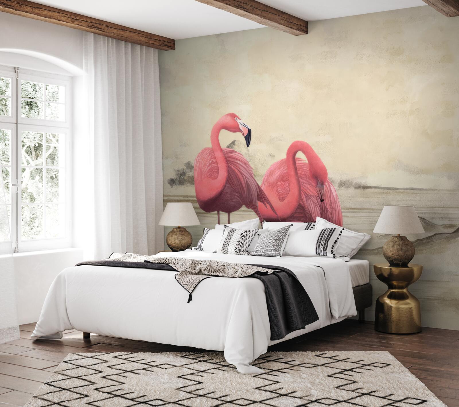Fototapet o pereche de flamingo roz aprins