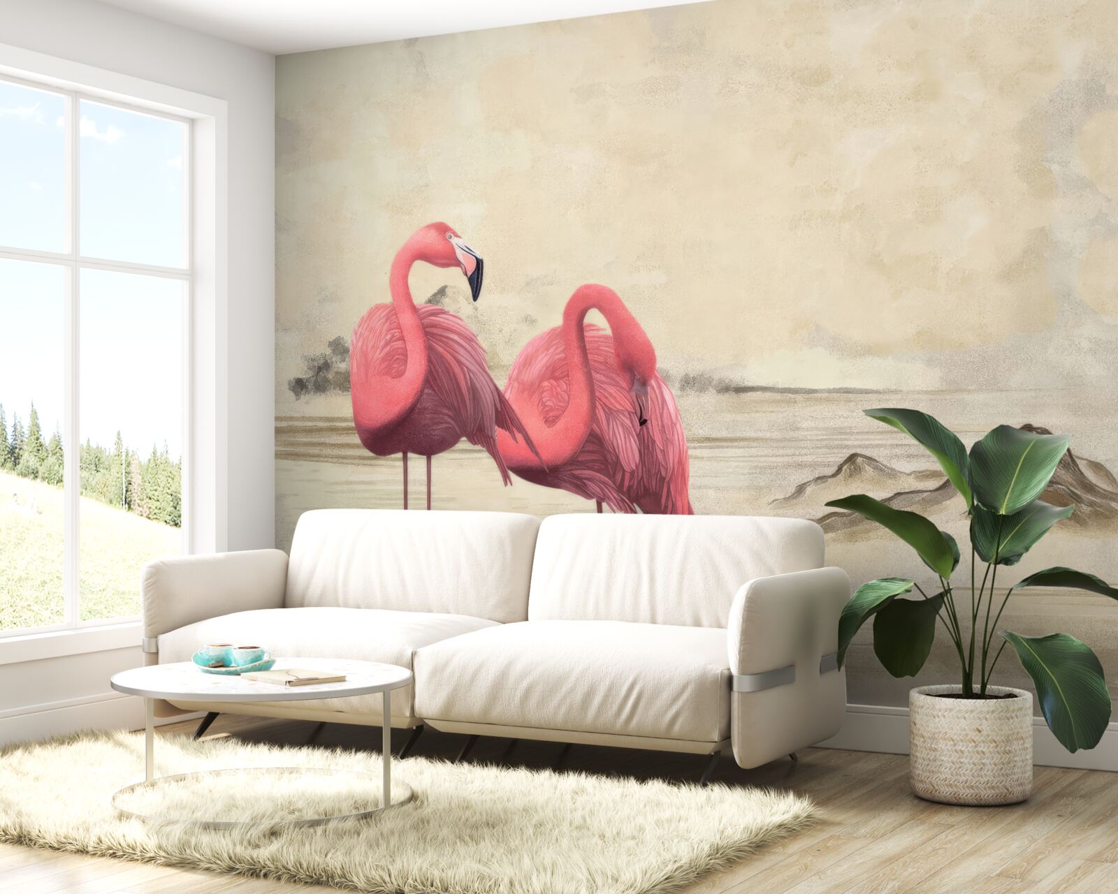 Fototapet o pereche de flamingo roz aprins