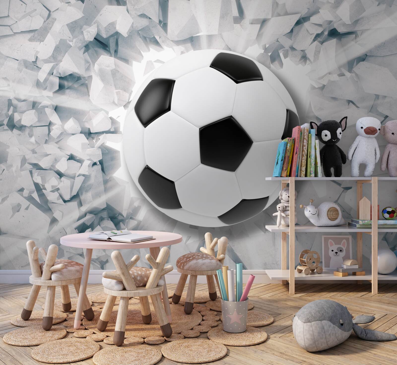 Fototapet scenă abstractă: o minge de fotbal lovește un perete