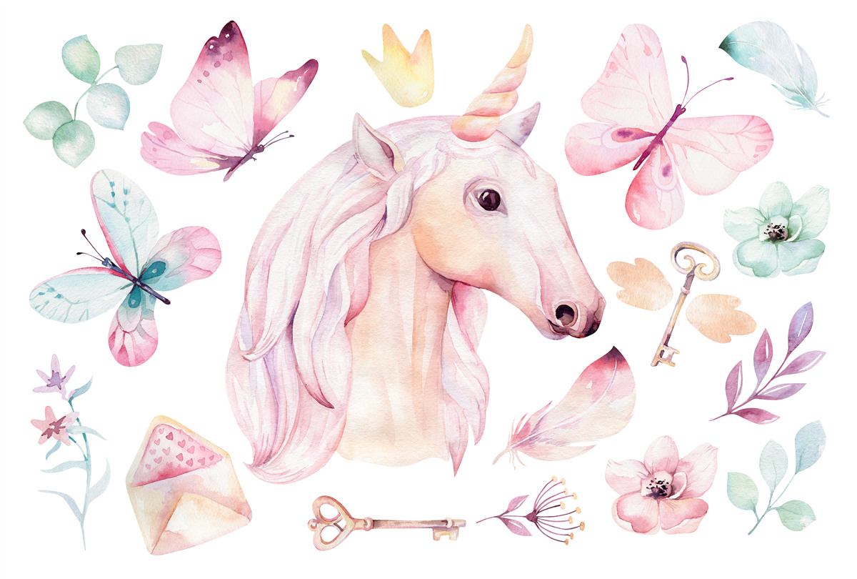 Fototapet unicorn înconjurat de fluturi și chei