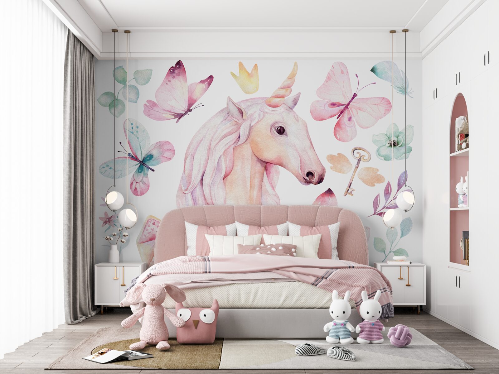 Fototapet unicorn înconjurat de fluturi și chei
