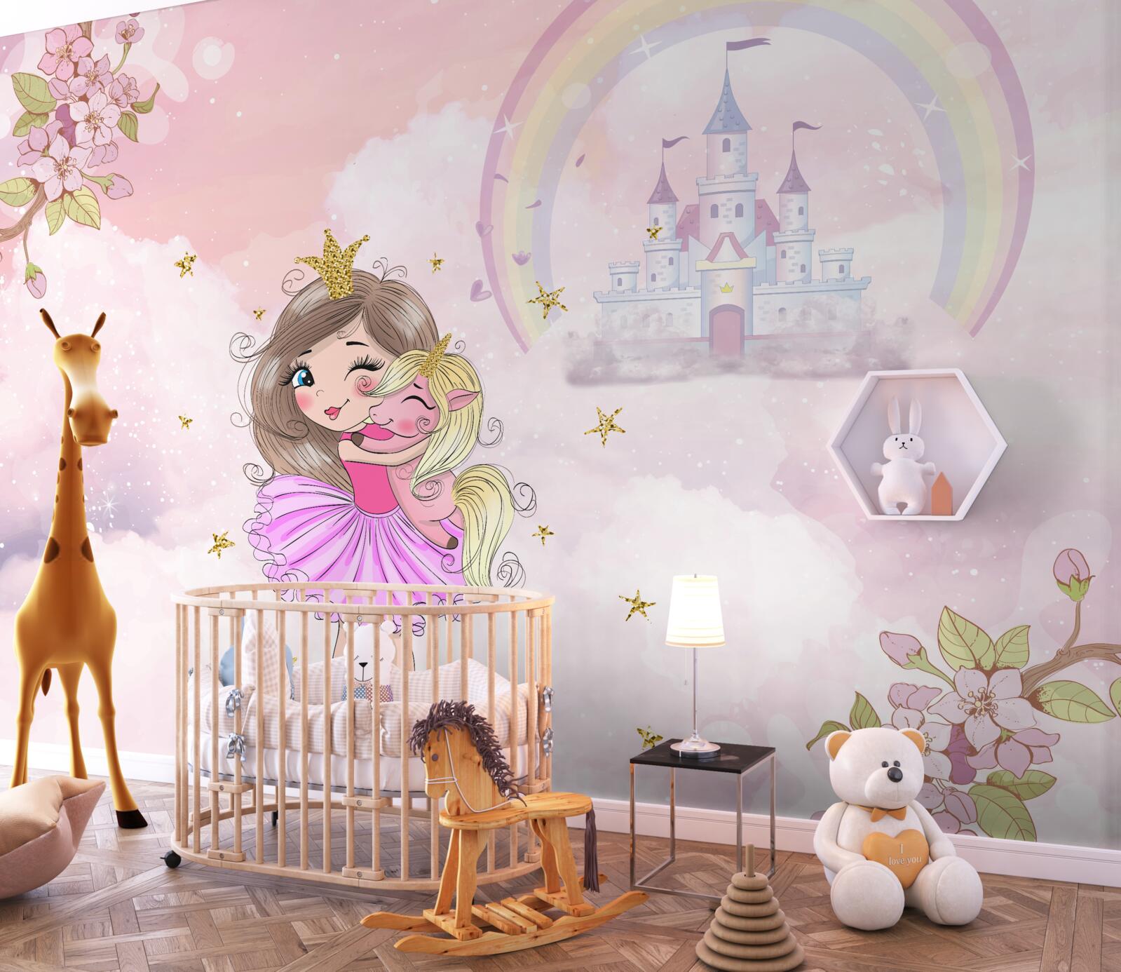 Fototapet lângă castel există o zână și prietenul ei unicorn
