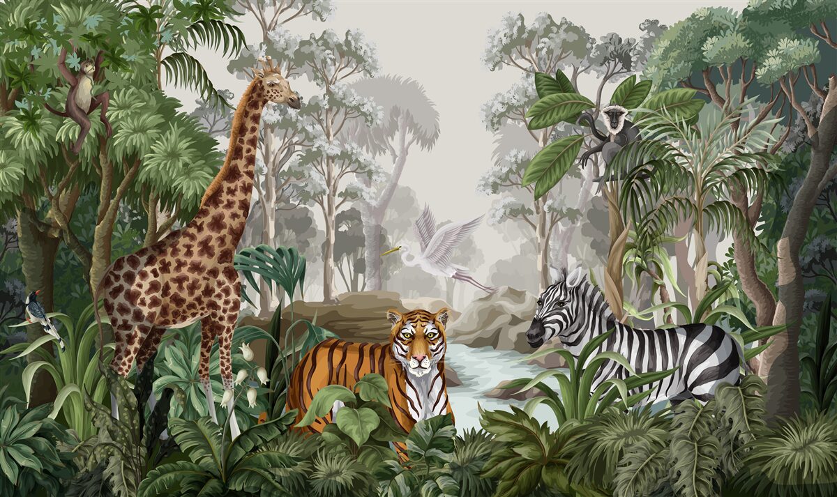 Fototapet Girafe, tigri și zebre în pădurea tropicală