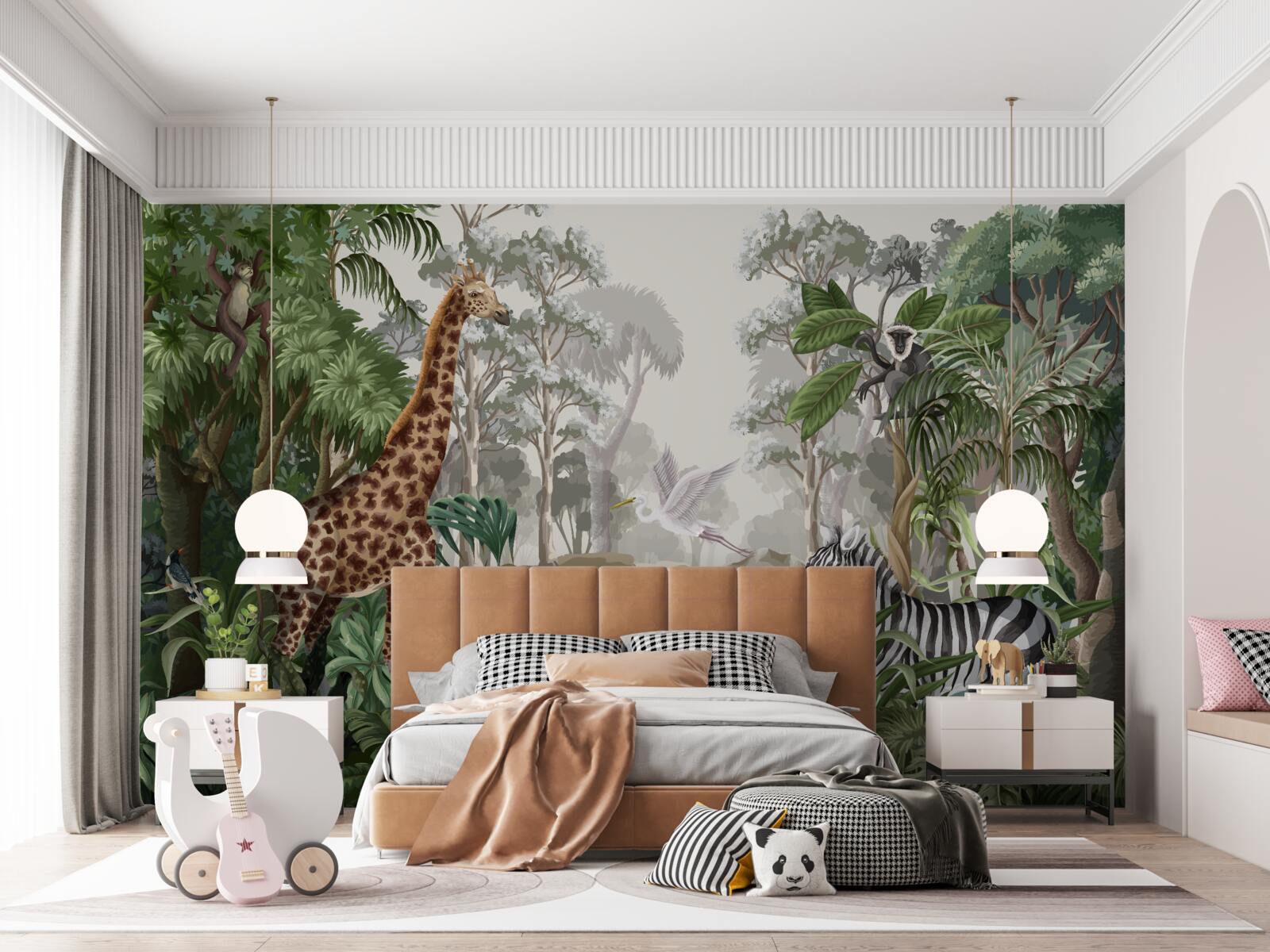 Fototapet Girafe, tigri și zebre în pădurea tropicală