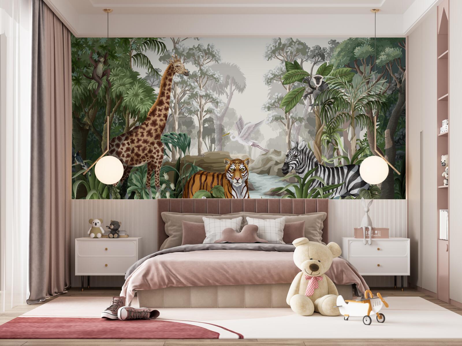 Fototapet Girafe, tigri și zebre în pădurea tropicală
