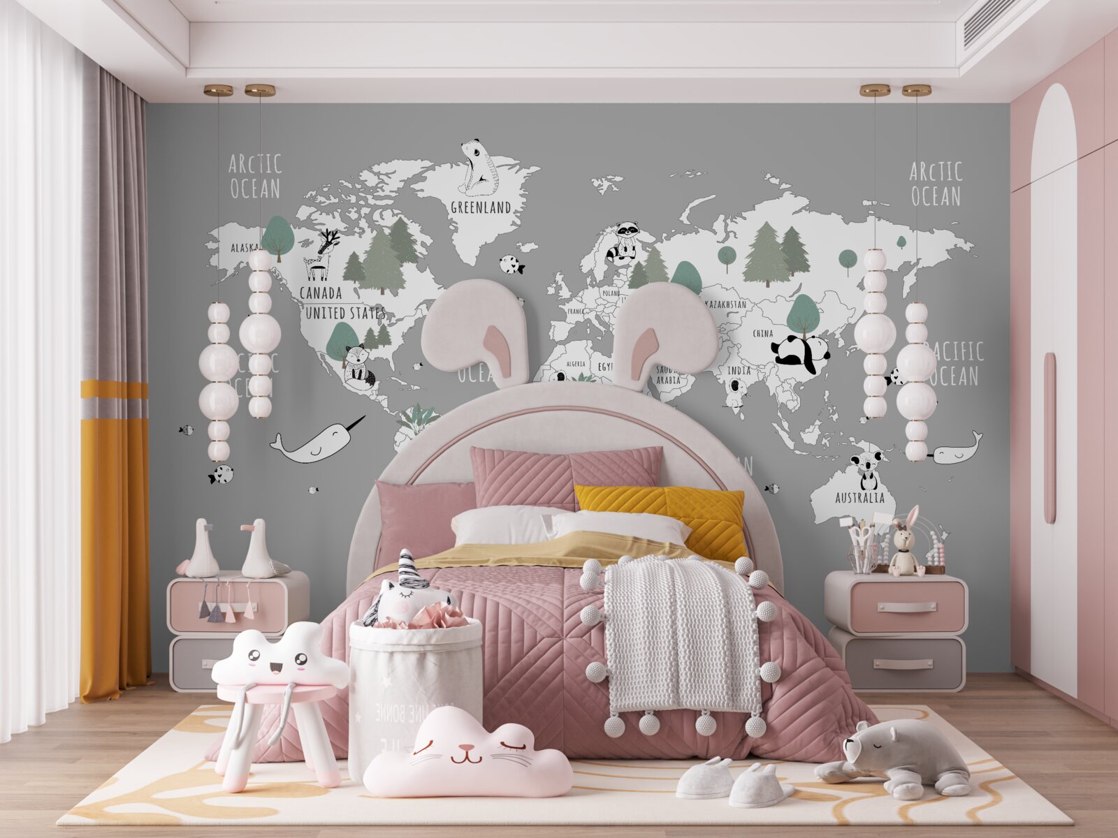 Fototapet harta lumii în alb, decorată cu pandas